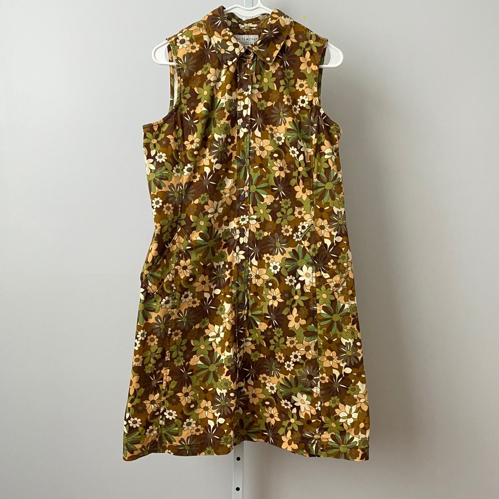White Stag Cotton Boho Quirky Mod Floral Sleeveless Button Down Dress 10 Olive